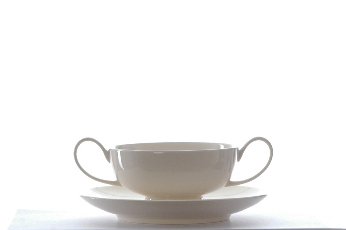 Ivory Cream Fine Ironstone China 2 Handled Bowl with Saucer