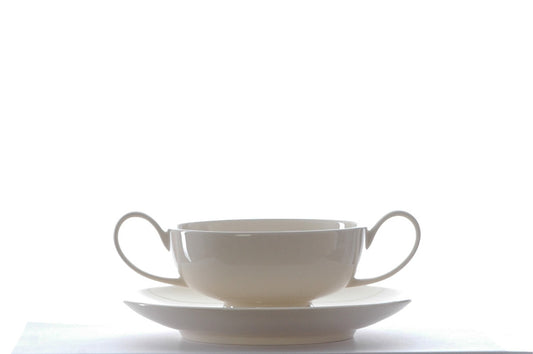 Ivory Cream Fine Ironstone China 2 Handled Bowl with Saucer