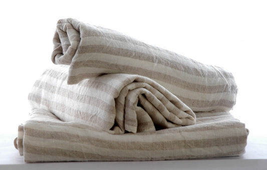 large Pure Linen Tea Towels in White and  Flax Stripes 80x50cm