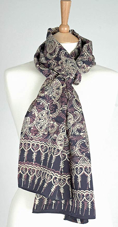 Pure Silk Cream Fans on Blue Short Sarong/Scarf 180x50cm