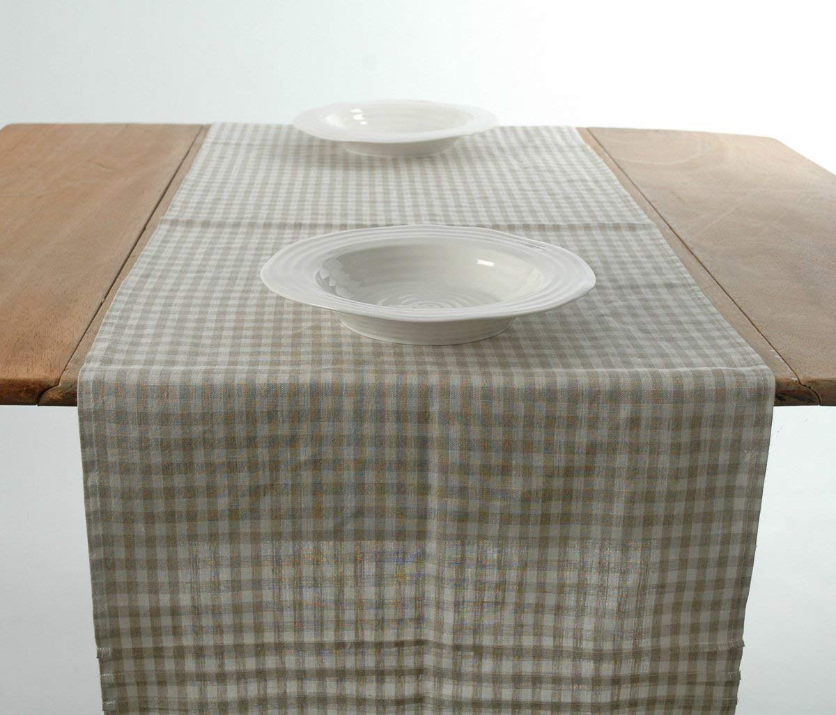 Pure Linen Table Runner in Biscuit Check 45x150cm