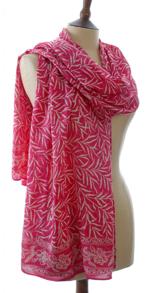 Silk Bali Leaf Batik Long Scarf in Fuchsia