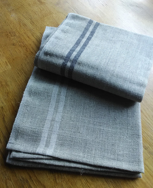 A Set of 2 Pre-washed French Black & White Heavyweight Linen Tea Towels 74x52cm