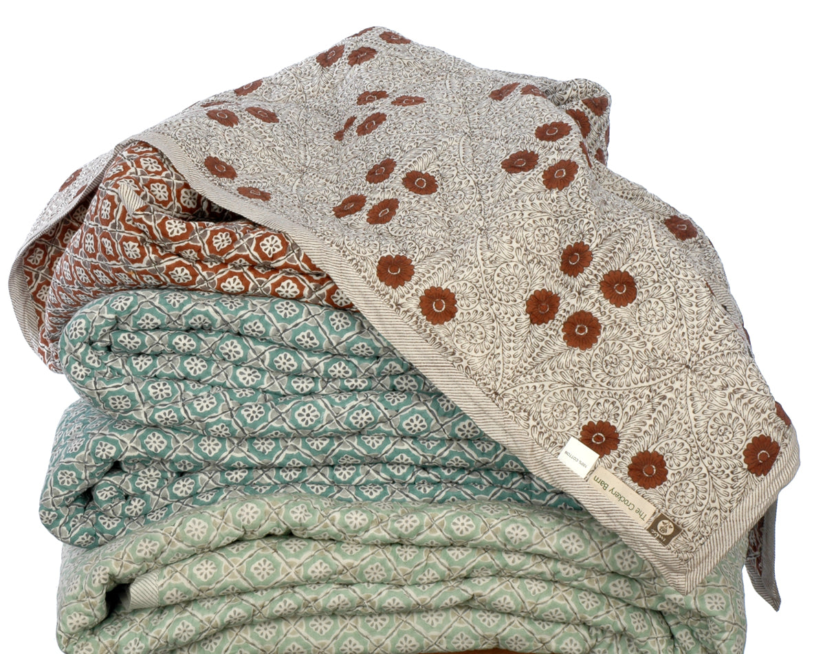 Hand Stamped Cotton Quilted Bedspread in Sea Green Tessera 260x260cm King Size