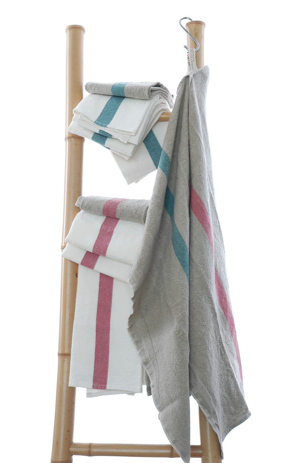 Pure Linen Tea Towel With Aqua or Rosa Stripe detail