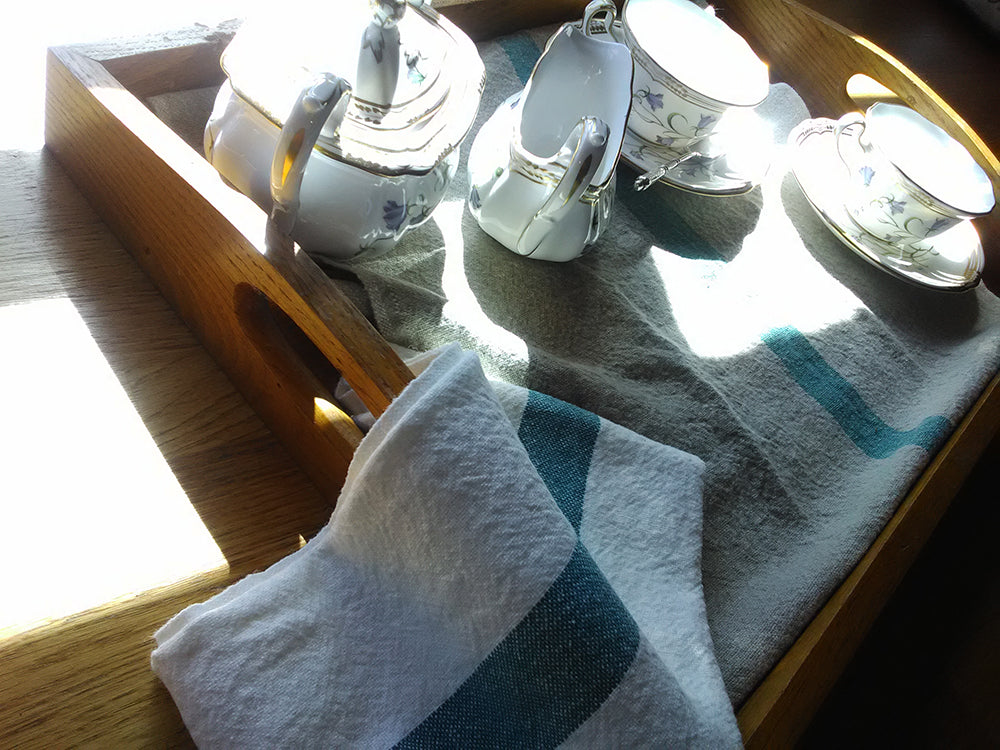 Pure Linen Tea Towel With Aqua or Rosa Stripe detail