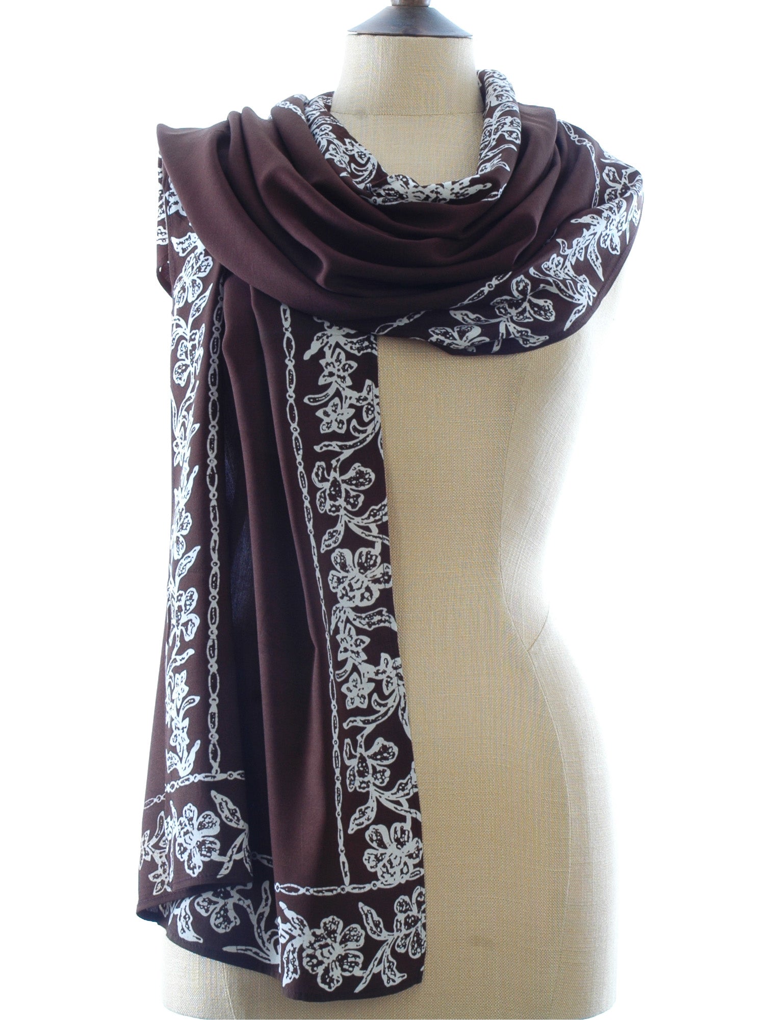 Short Sarong/Scarf  in Brown with White Bali Flower Batik Border