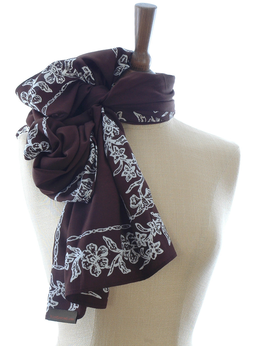 Short Sarong/Scarf in Brown with White Bali Flower Batik Border