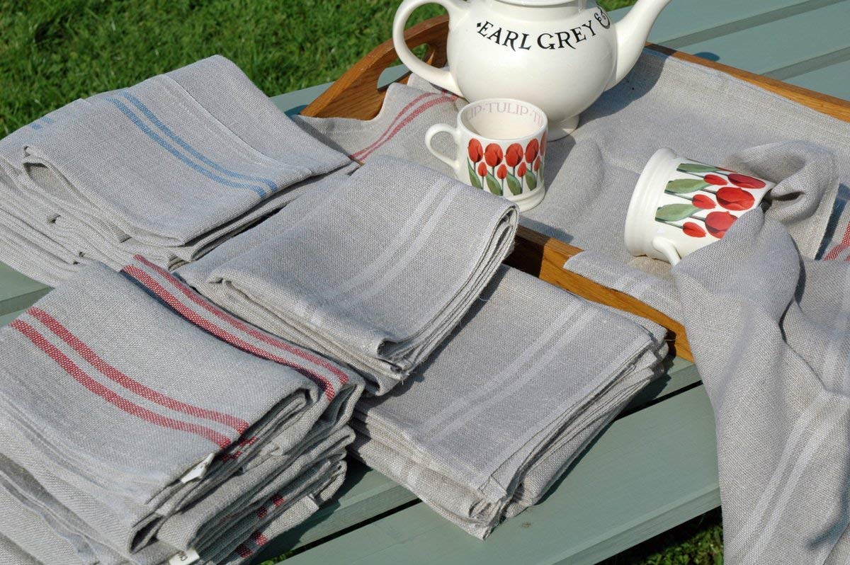 A Unique Set of 3 Large Red Pure Linen Tea Towels