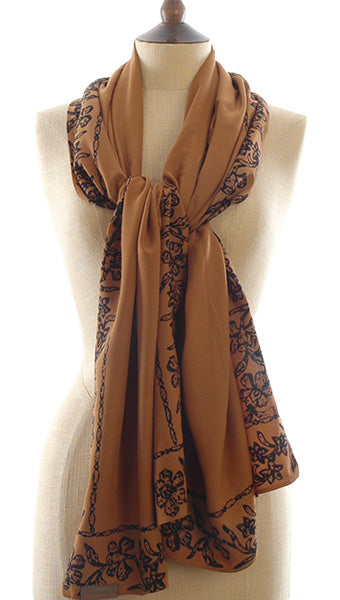 Short Sarong/Scarf in Gold with Black Bali Batik Flower Border