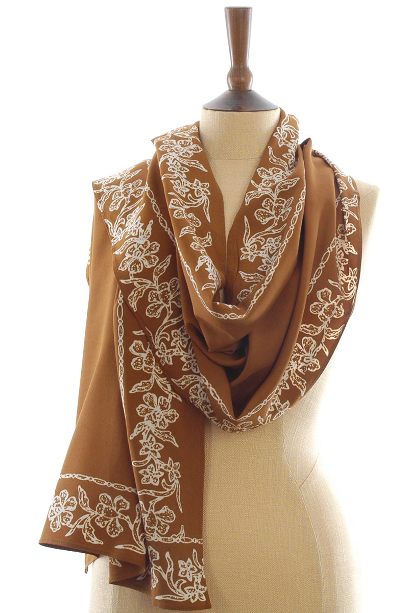 Short Sarong/Scarf in Gold with White Bali Batik Flower Border