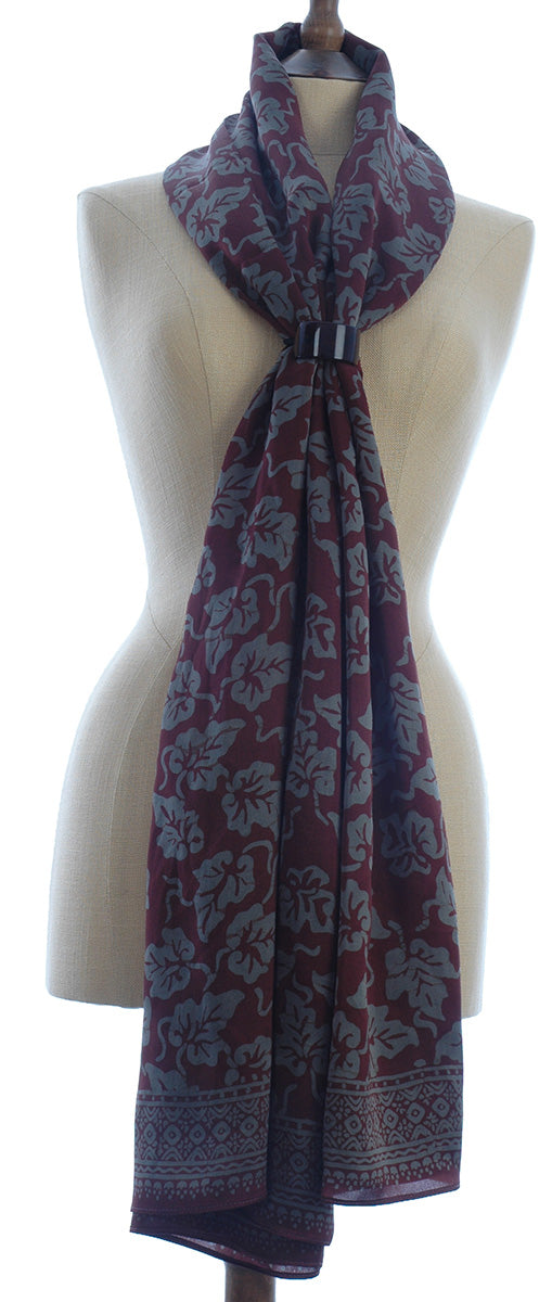 Pure Silk Short Sarong/Scarf in Leaves on Deep Plum