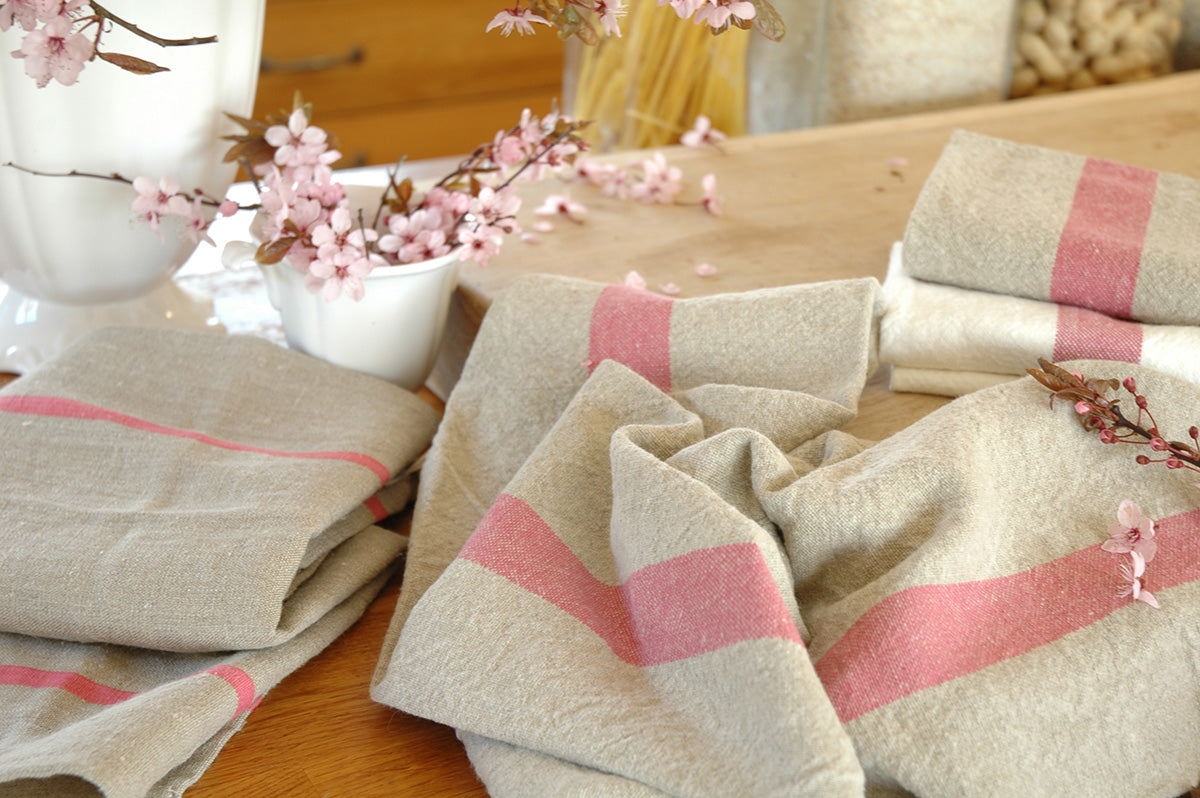 Pure Linen Tea Towel With Aqua or Rosa Stripe detail