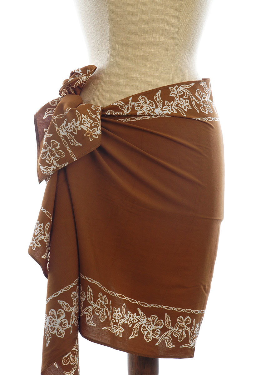 Short Sarong/Scarf in Brown with White Bali Flower Batik Border
