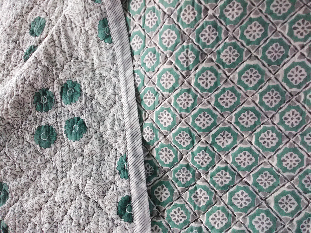 Hand Stamped Cotton Quilted Bedspread in Sea Green Tessera 260x260cm King Size