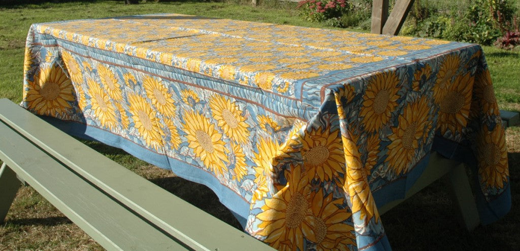 Provence Cotton Handmade Yellow on Blue Sunflowers Tablecloths by Mas d' Ousvan