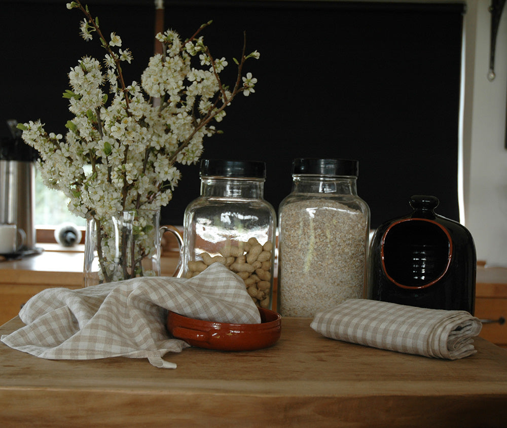 2 Natural Linen Gingham Tea Towels with Hanging Loop 50x65cm