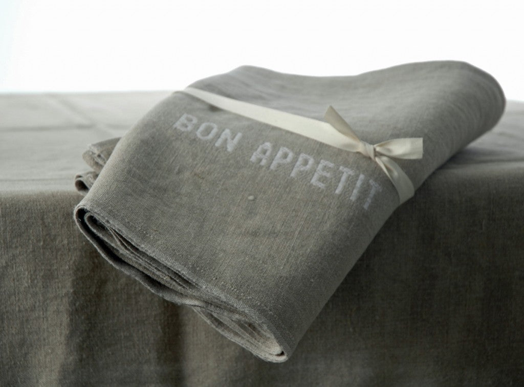 Pure French Heavyweight Linen Tablecloths with White Bon-Appetit Detailing