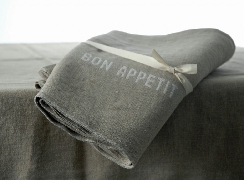 Pure French Heavyweight Linen Tablecloths with White Bon-Appetit Detailing