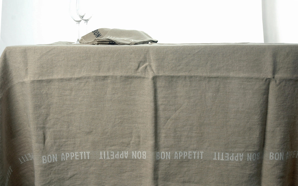 Pure French Heavyweight Linen Tablecloths with White Bon-Appetit Detailing