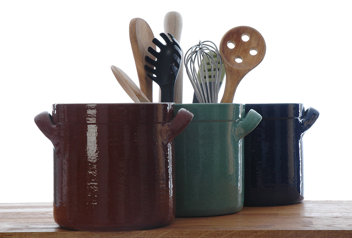 Portuguese terracotta utensil holder with 2 handles in 3 colours