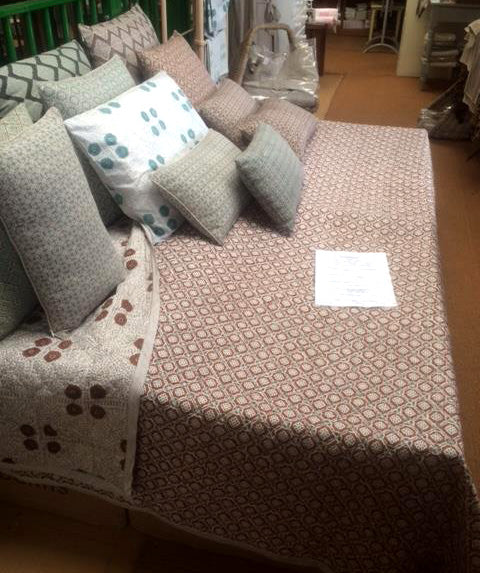 Hand Stamped Cotton Quilted Bedspread in Sea Green Tessera 260x260cm King Size