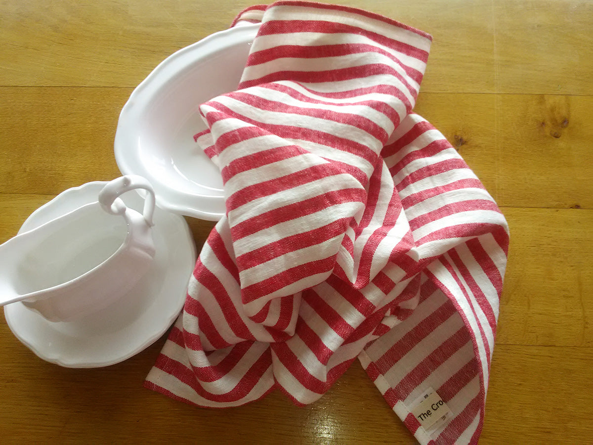 Set of 2 Linen Tea Towels in Red and Blue Stripes With Useful Hanging Loops