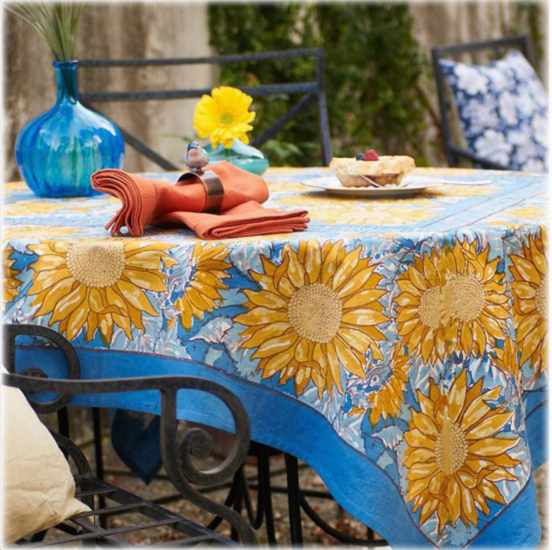 Provence Cotton Handmade Yellow on Blue Sunflowers Tablecloths by Mas d' Ousvan