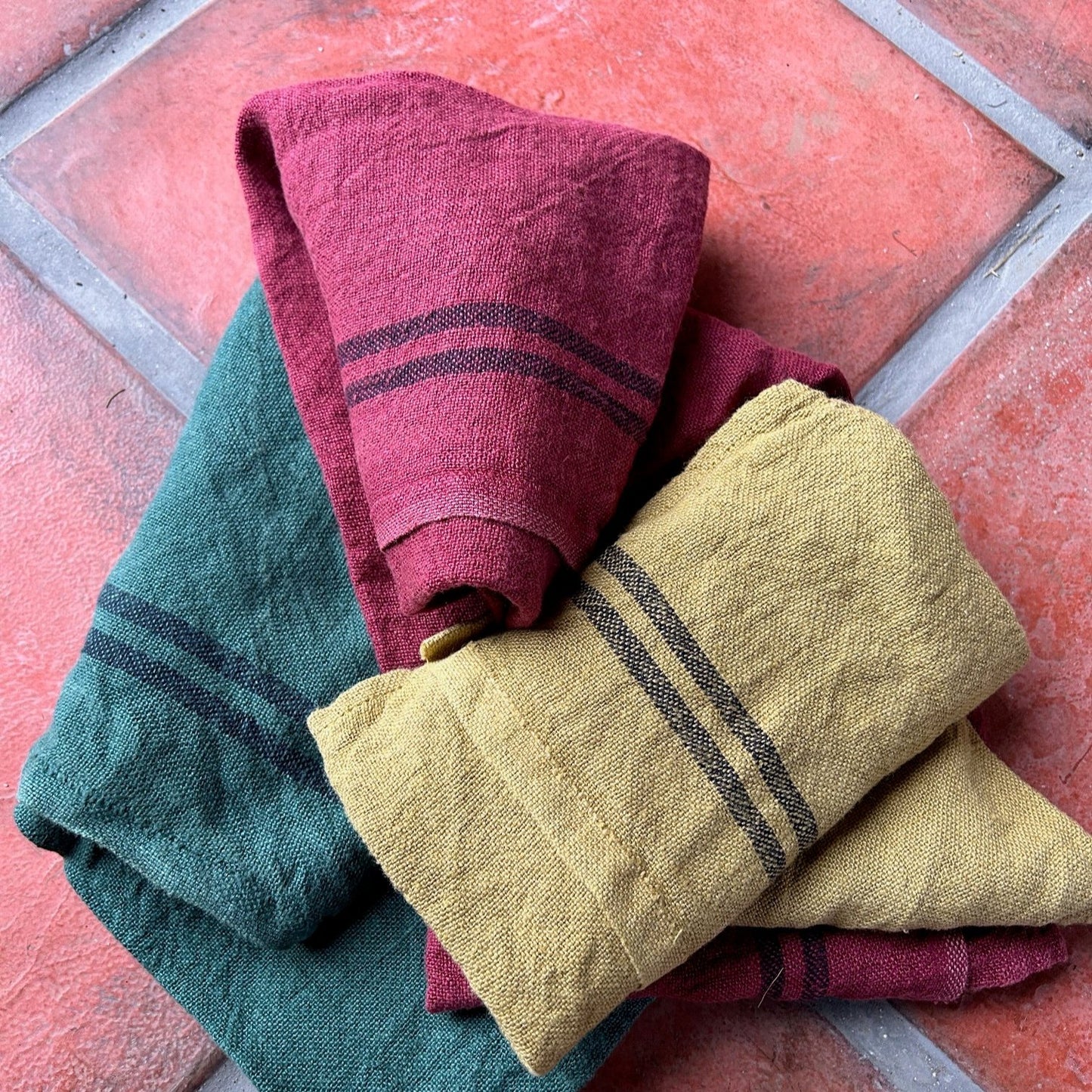 Festive Trio of French Vintage Pre-washed County Style Linen Tea Towels