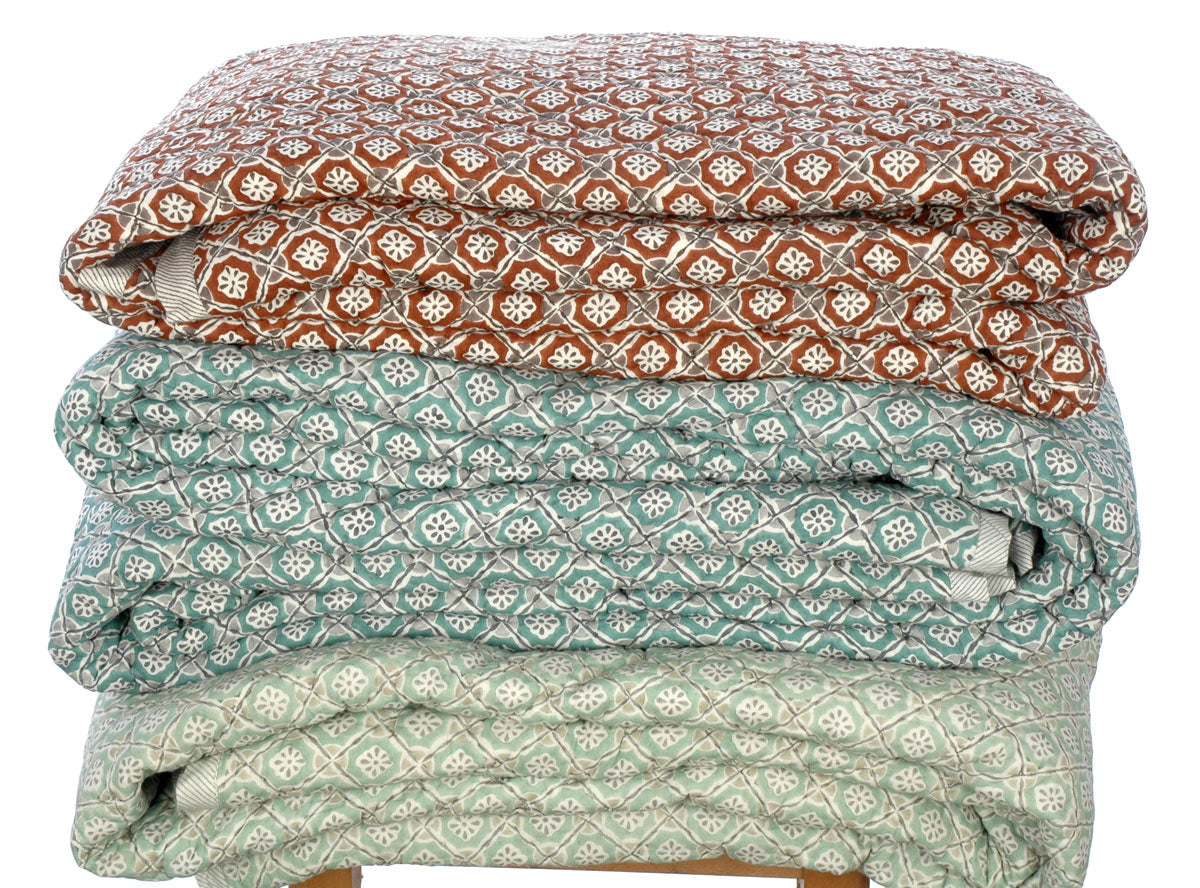 Hand Stamped Cotton Quilted Bedspread in Sea Green Tessera 260x260cm King Size