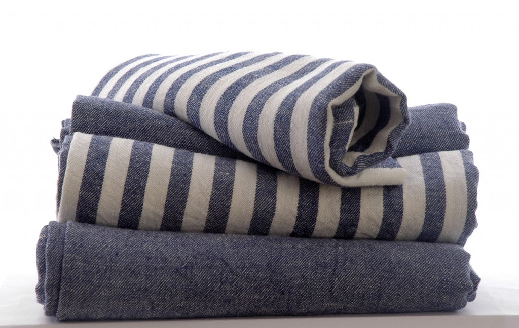 large Pure Linen Tea Towels in Denim Blue Stripe 80x50cm