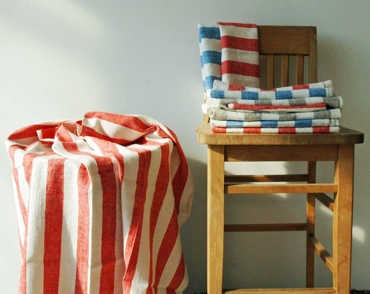 Pure linen red and white striped towel 130x65cm