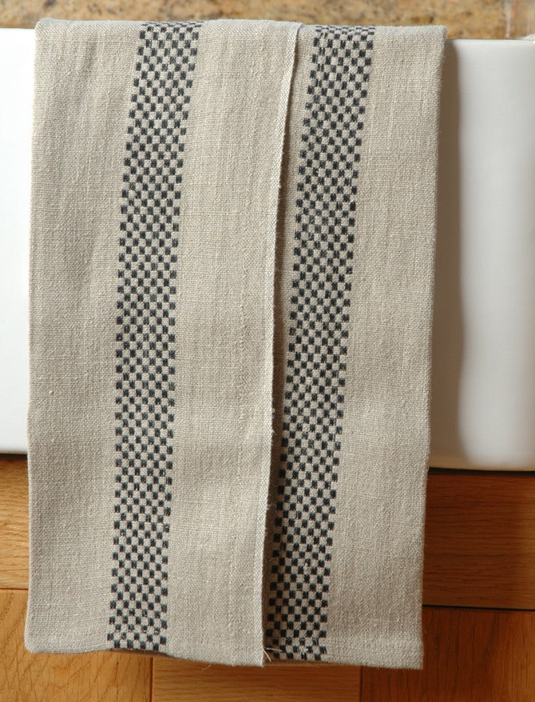 Pure French linen tea towel with black checked detail