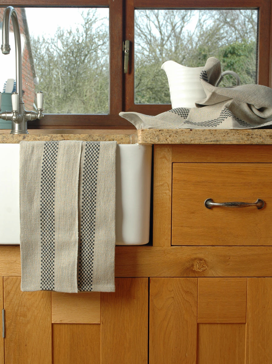 Heavyweight Linen Tea Towel with Checked Stripe Detail 75x44cm