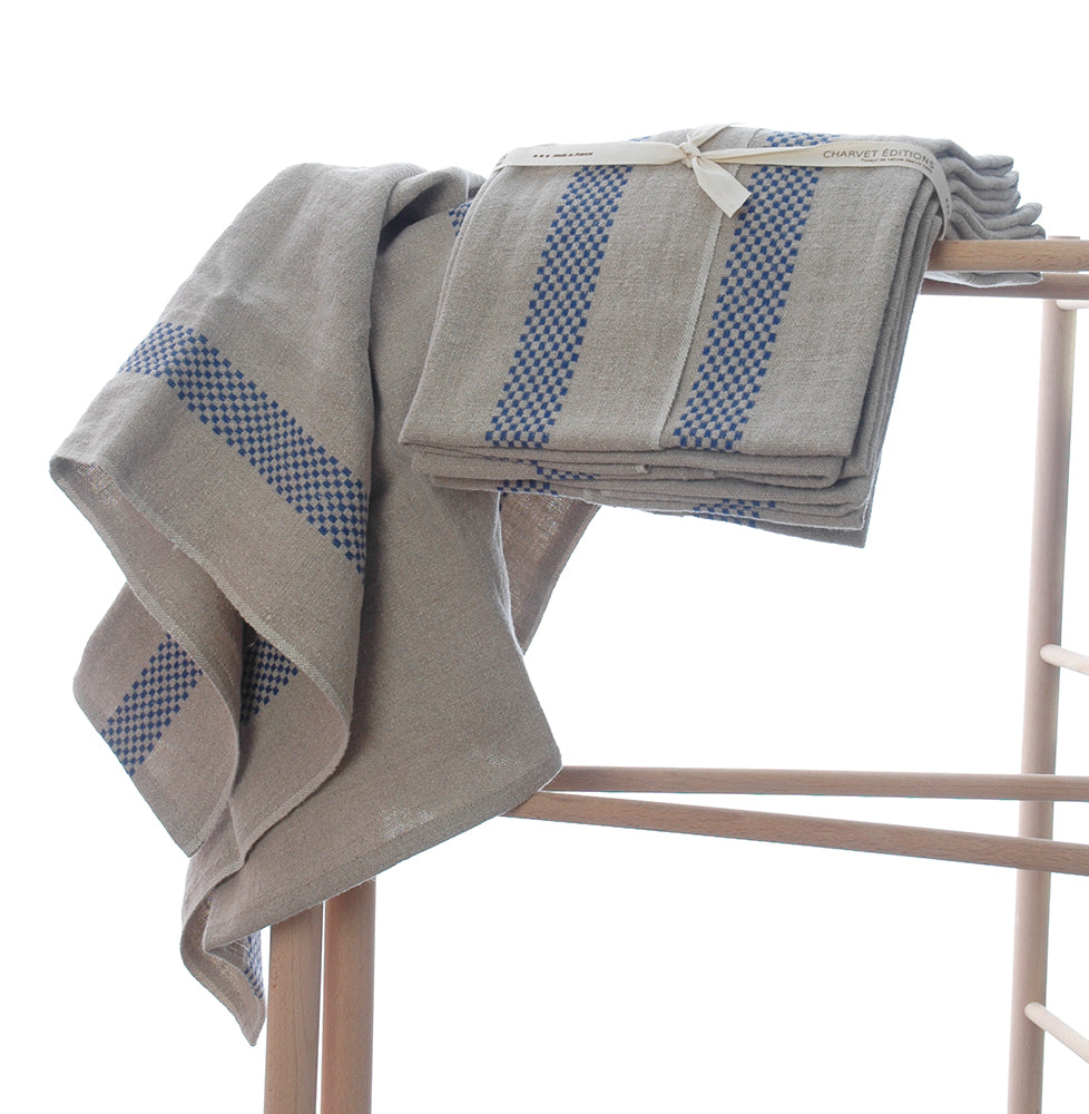 Pure linen tea towels with blue check stripe detail