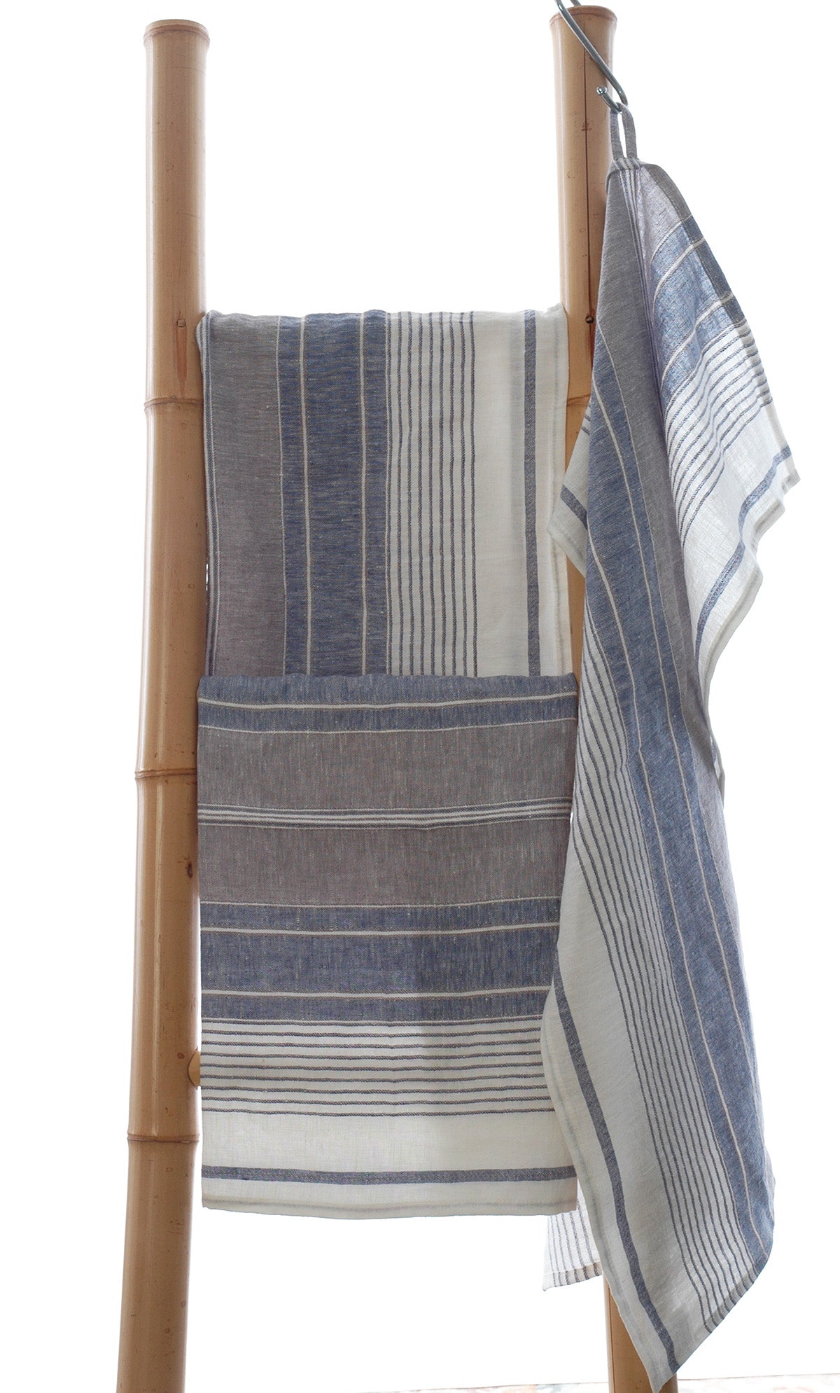 Linen grey and blue striped tea towel