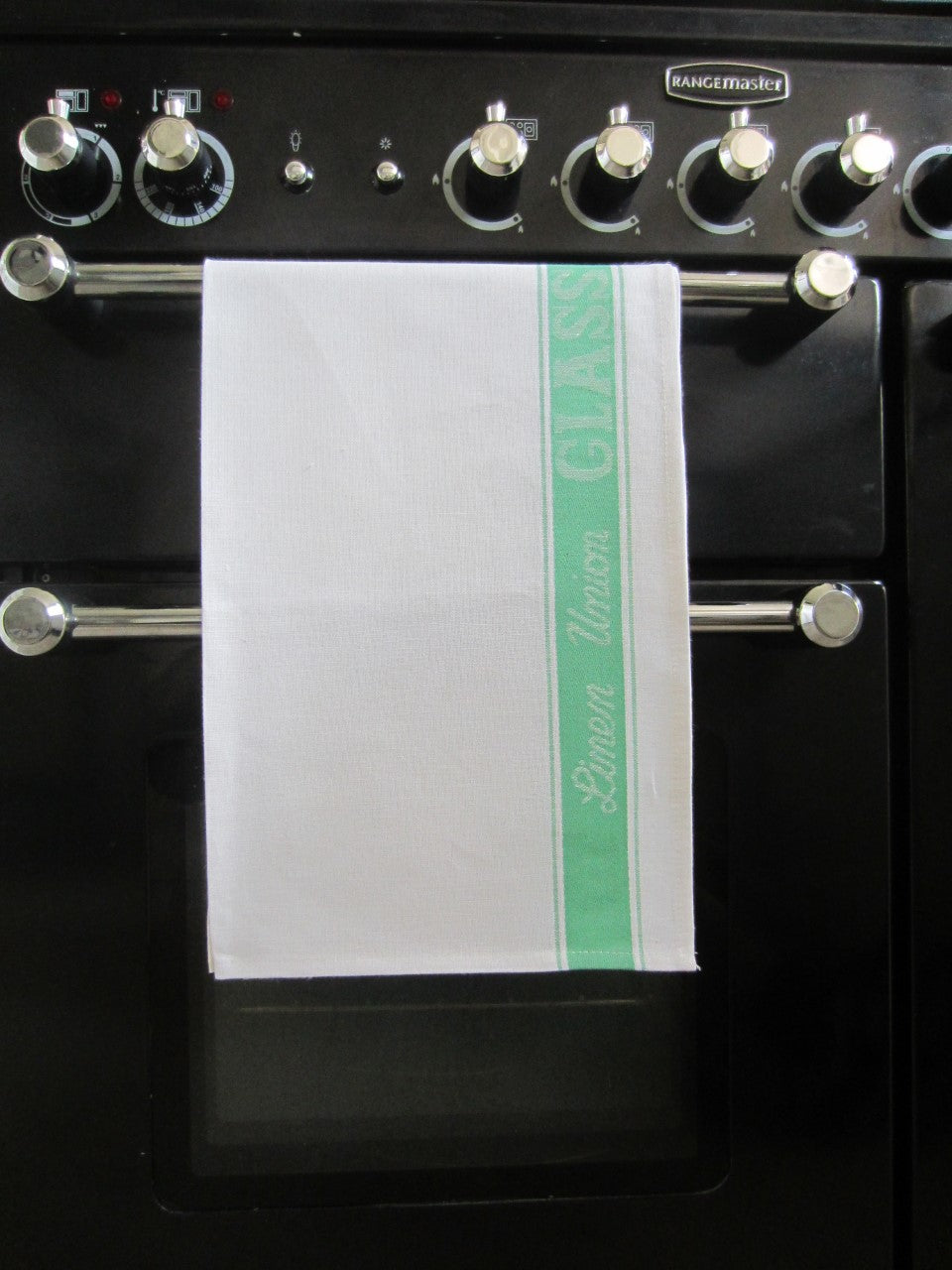 3 Large Linen/Cotton Union Tea Towels with Green Detail 75x50cm