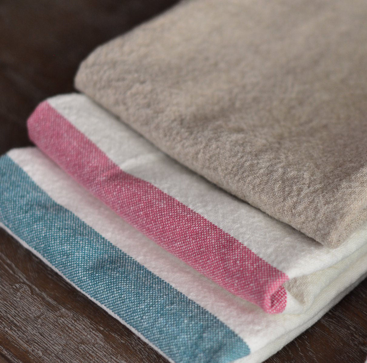 Pure Linen Tea Towel With Aqua or Rosa Stripe detail