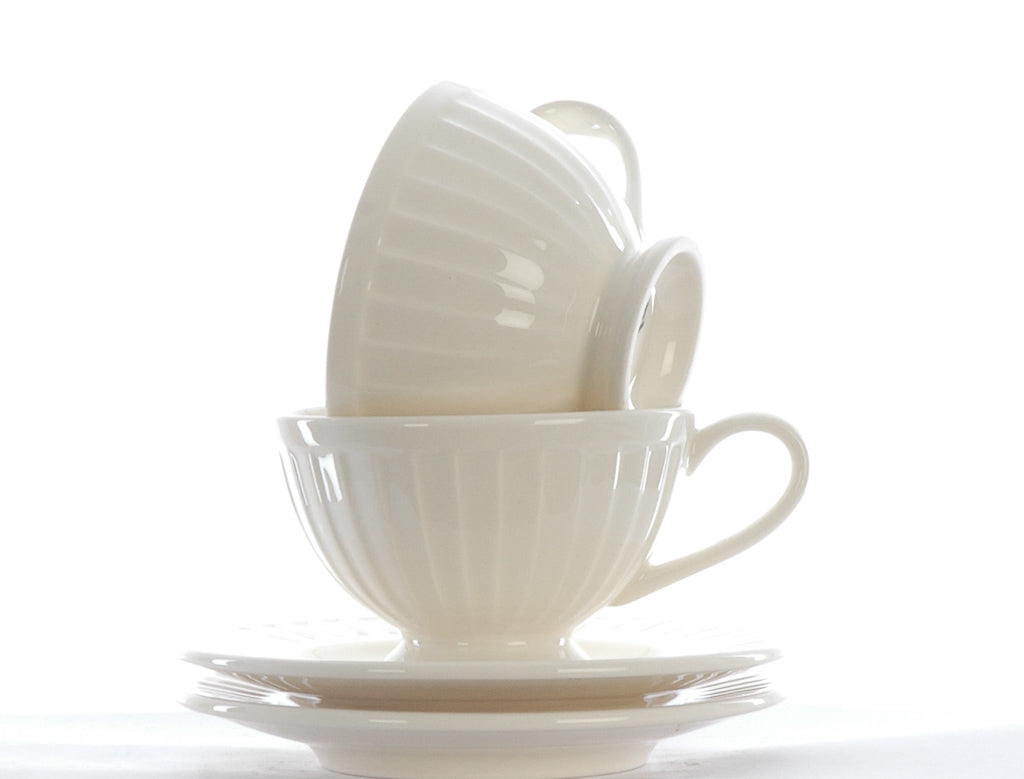 2 Ivory Cream Fine Ironstone China Espresso Cups and Saucers Step Design