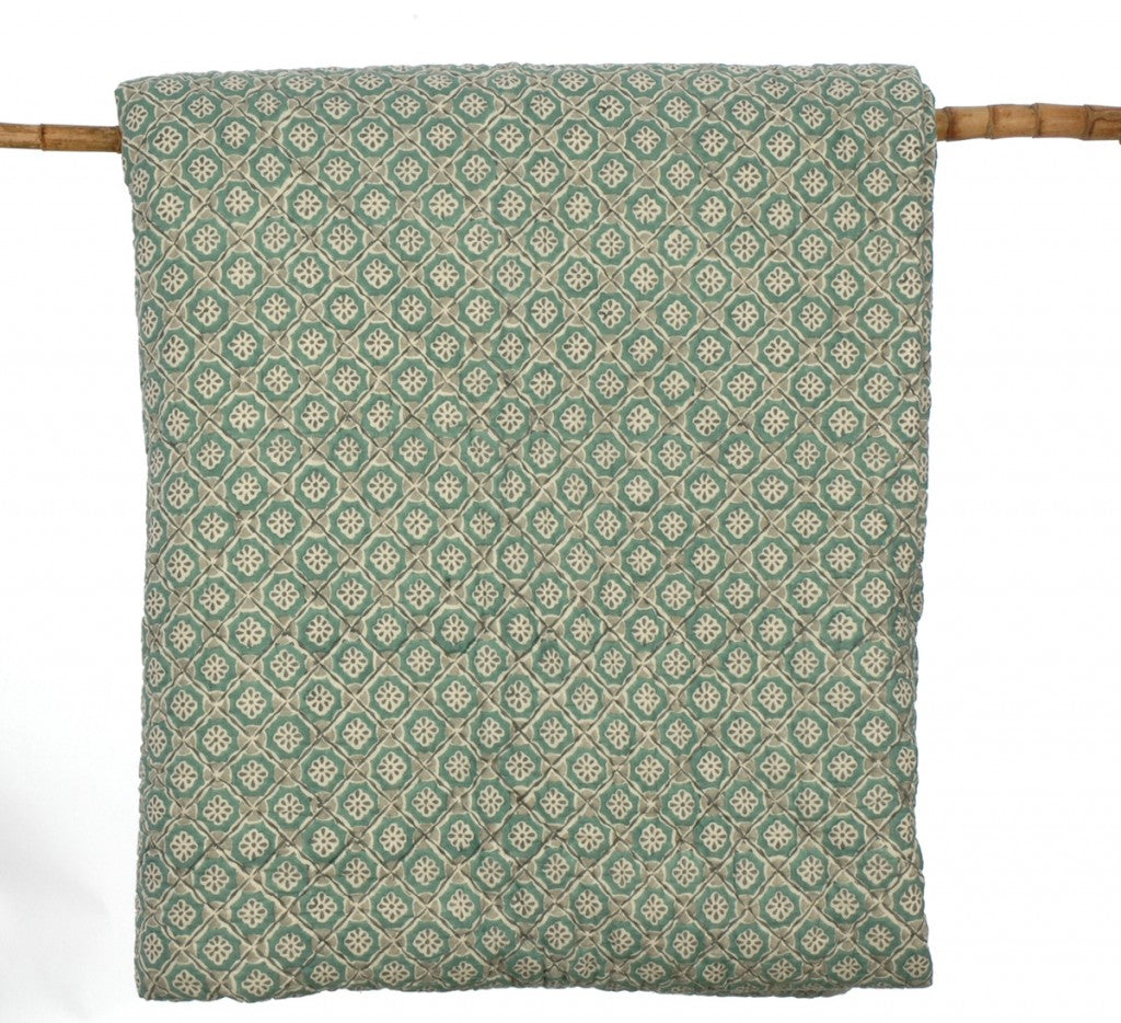 Duck egg green hand block printed quilt in king size