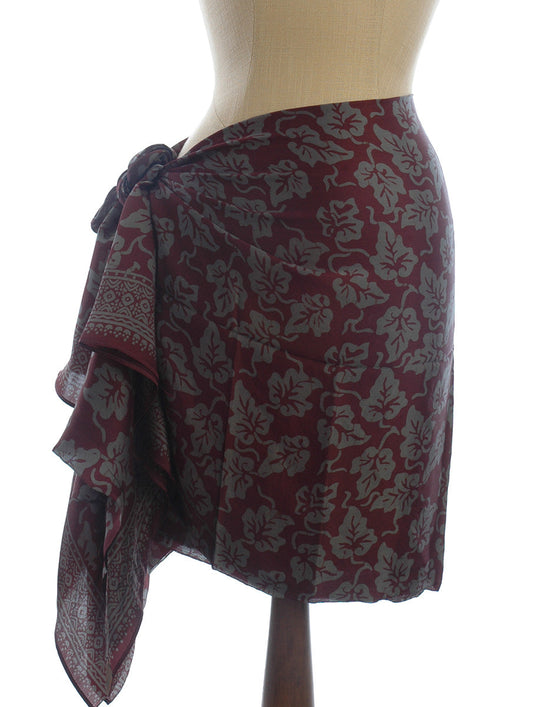 Pure Silk Short Sarong/Scarf in Leaves on Deep Plum