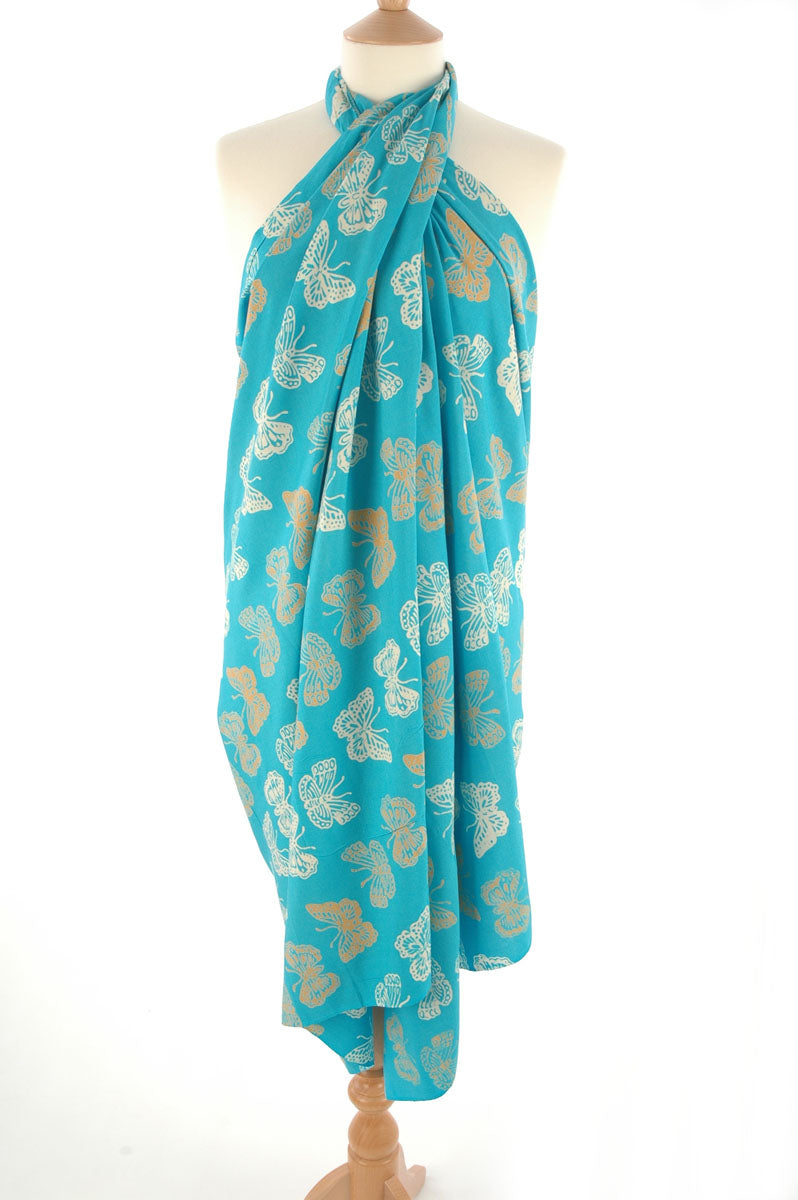 Gold on Turquoise Bali Butterfly Batik Sarong  177x110cm