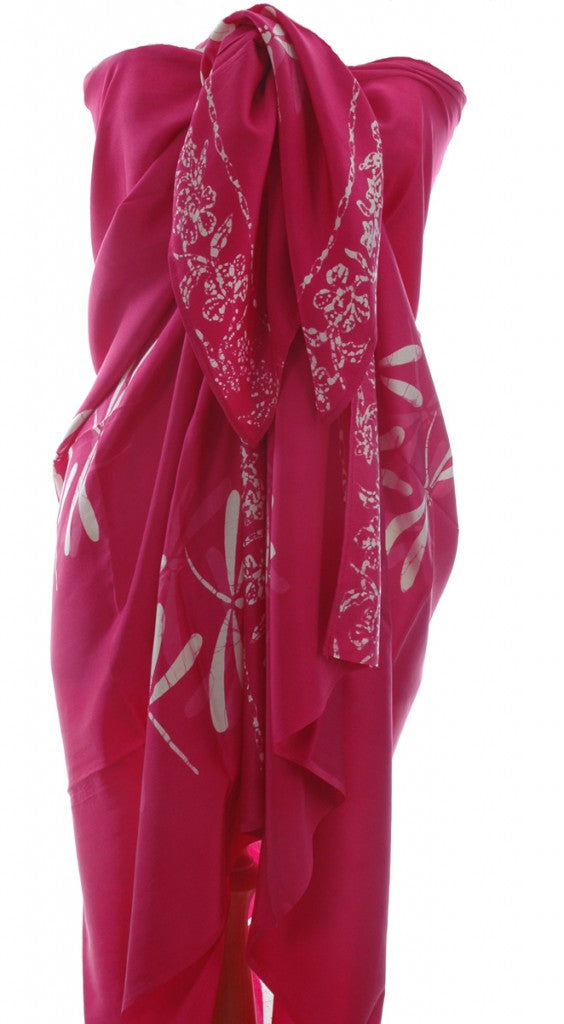 Deep pink dragonfly batik sarong in pure silk from Your Sarong