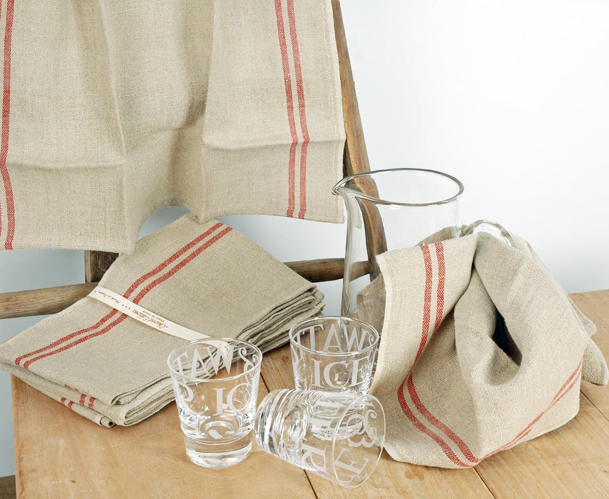 Pure French linen tea towel with red stripe