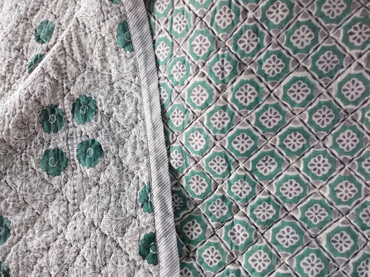 Sea Green hand block printed cotton Quilt/throw
