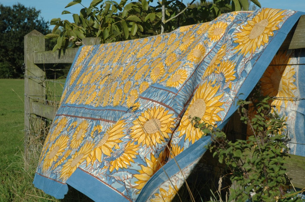 Provence Cotton Handmade Yellow on Blue Sunflowers Tablecloths by Mas d' Ousvan