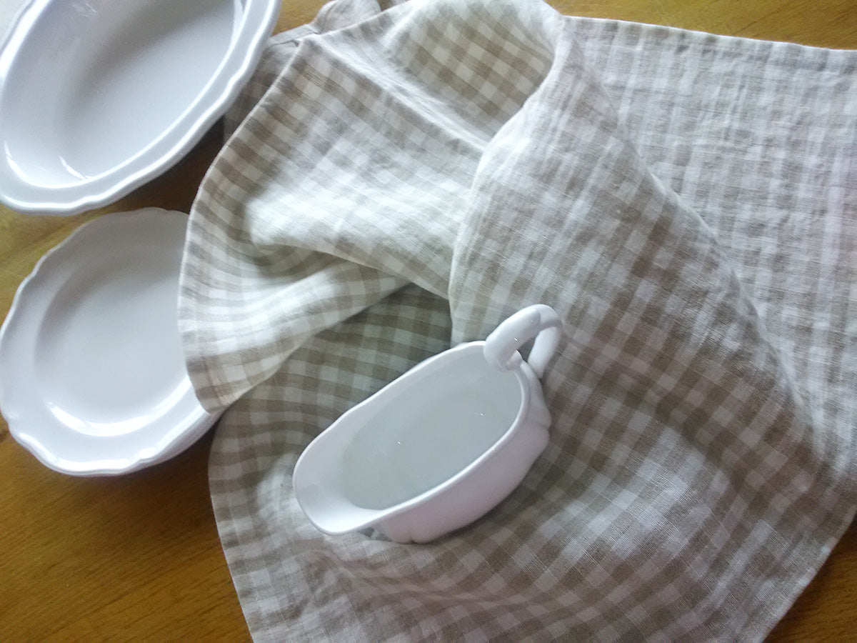Linen tea towel in natural gingham check