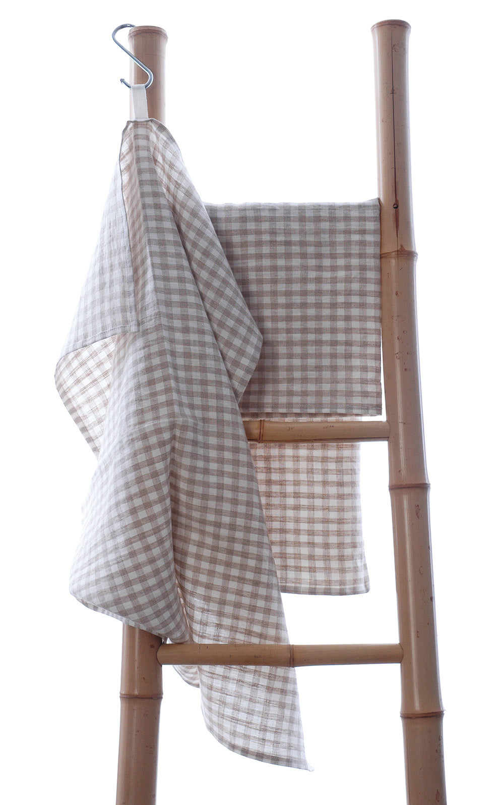 2 Natural Linen Gingham Tea Towels with Hanging Loop 50x65cm