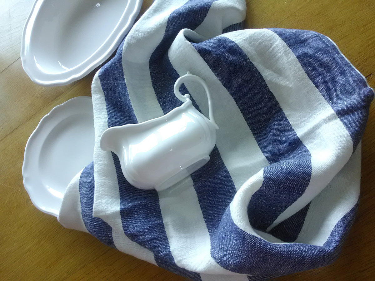 Pure linen blue and white tea towel