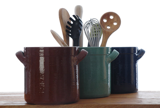 Portuguese  terracotta utensil holder with 2 handles in 3 colours